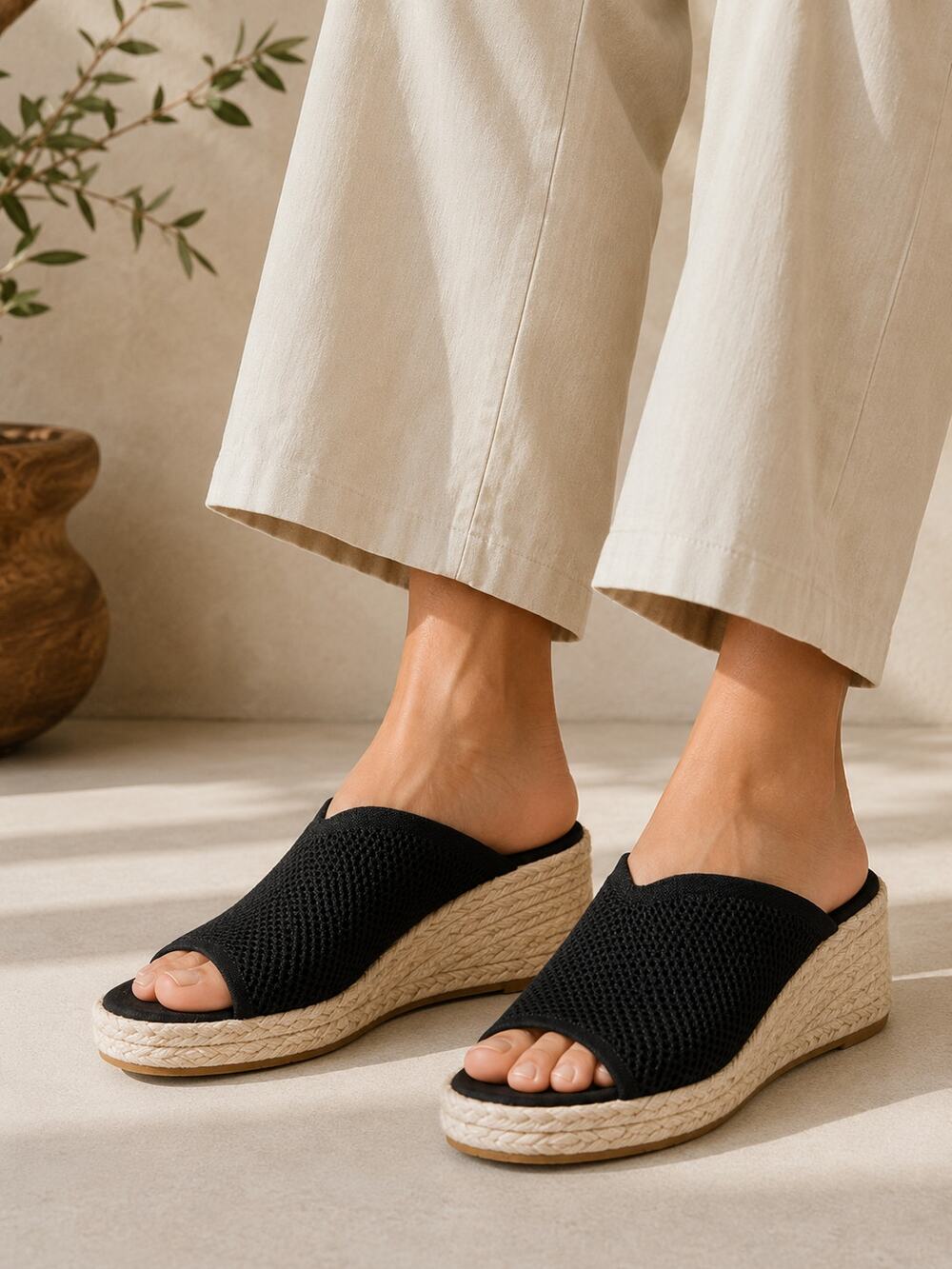 Eileen Fisher SZ 9.5 Tali Recycled Stretch Knit Espadrille Wedge Sandals